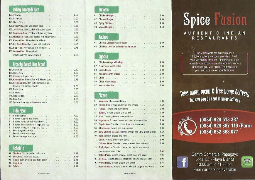 spice fusion menu takeaway lanzarote 